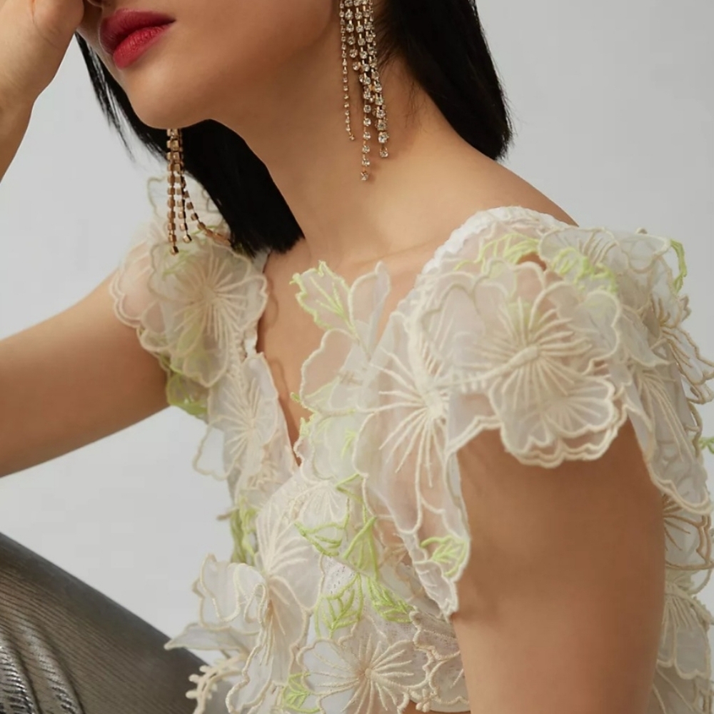 Anthropologie Sheer Applique Top - Ivory/green - XL - NWOT - Picture 3 of 9